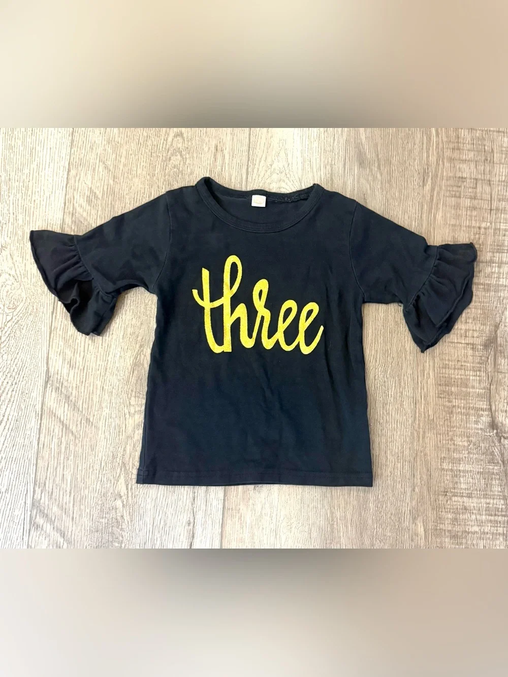 Girls Black 'Three' Ruffle Sleeve Tee